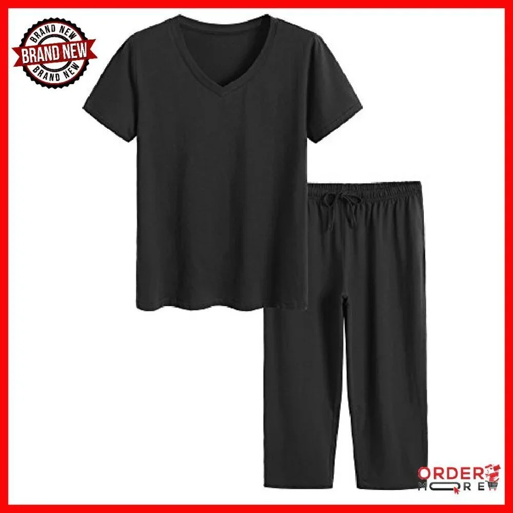 Soft Cotton Pajama Set V-Neck Tee Capri Pants Lounge Sleepwear